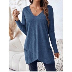 Batwing Sleeve Wrap Hem T-Shirt Blue